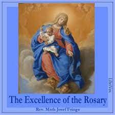 Mary holds Baby Jesus and a rosary and hands the rosary to Don Bosco