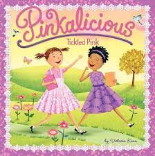The Pinkalicious Tickled Pink front cover of the book shows Pinkalicious holding a joke book and Molly chasing after her and the title is at the top