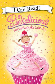 Pinkalicious cover shows Pinkalicious holding a pink cupcake and a wand and wearing fairy wings while smiling at us, his face is plain color, and the title appears at the top. There is also a pink background behind him