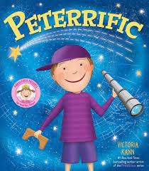 Peteriffic book cover shows Pinkalicious' brother, Peter, smiling at us and holding a telescope and a piece for his tower. There is also a starry sky background behind him