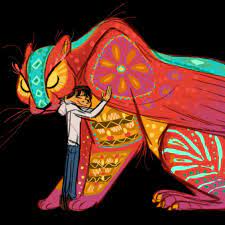 Pepita sniff for clues and Dante has super long tongue with other alebriges (from Disney COCO)