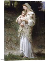 The Innocence painting by William Bouguereau shows The Virgin Mary holding Baby Jesus and a lamb